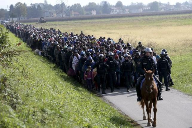 File photo of a mounted policeman leading a group of migrants near Dobova